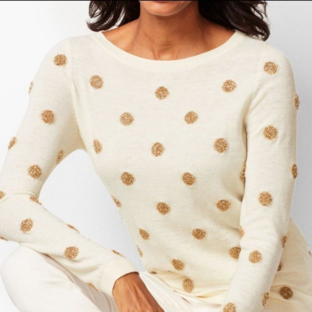 Talbots XL white sweater with gold sparkly metallic fuzzy large dots/ holiday